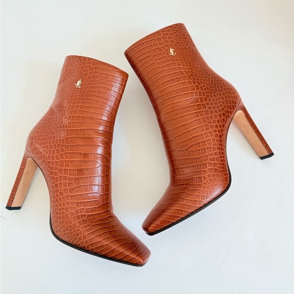 Jimmy Choo Brown Croc Embossed Leather Minori Ankle Length JC logo Boots EU 42 - Picture 2 of 12